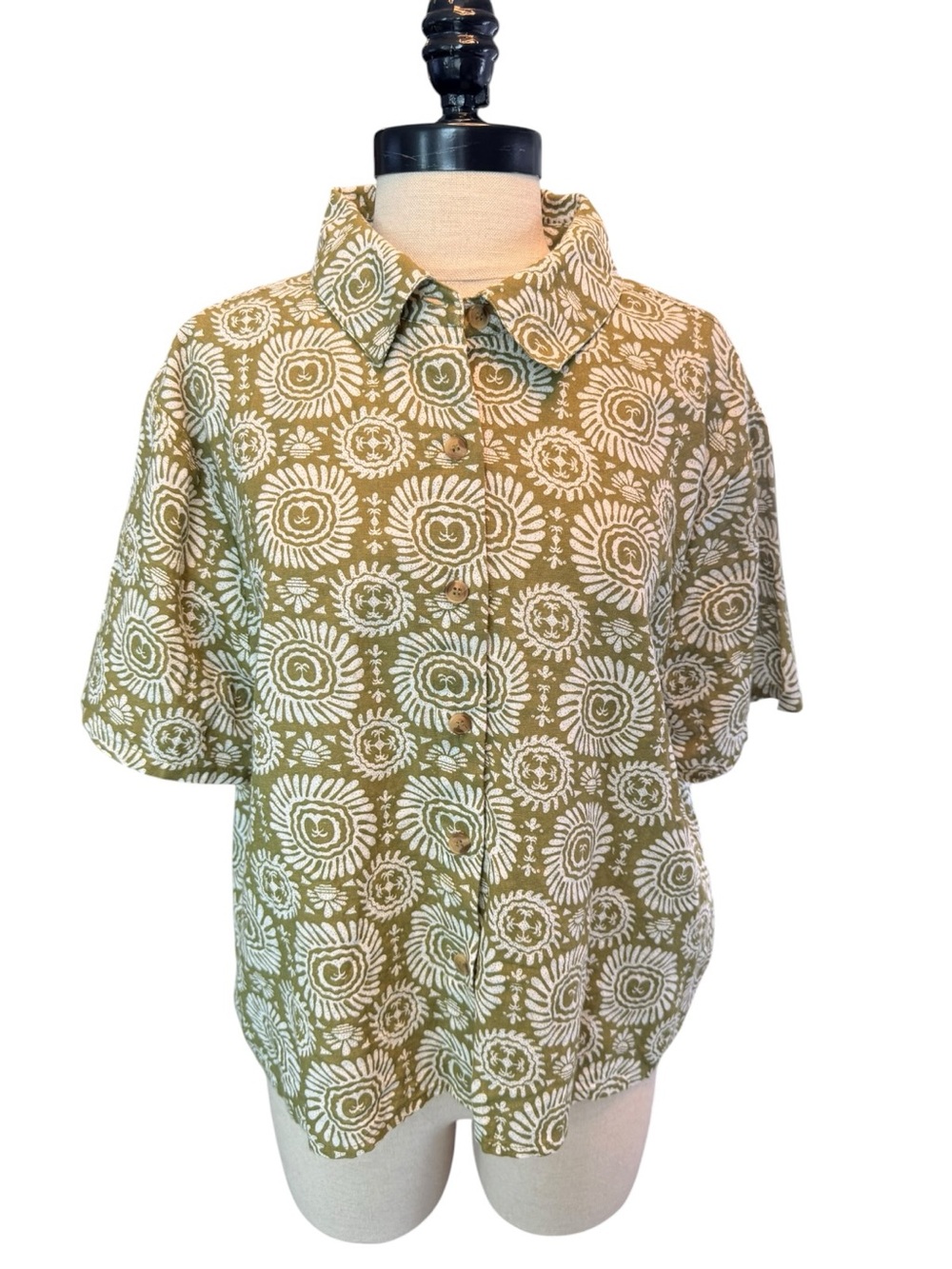 Sisstr Evolution Olive Floral Button Front Top M Cotton Linen Boho Cottagecore - Picture 2 of 10